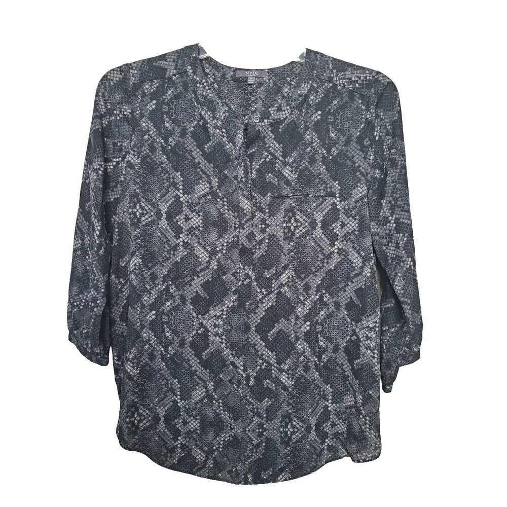 NYDJ Black Snakeskin Print Pleated Back 3/4 Sleeve Half Placket Blouse Size MED
